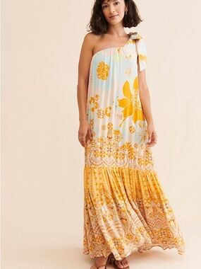Free People One-Shoulder Floral Maxi Dress in Yellow and Cream
